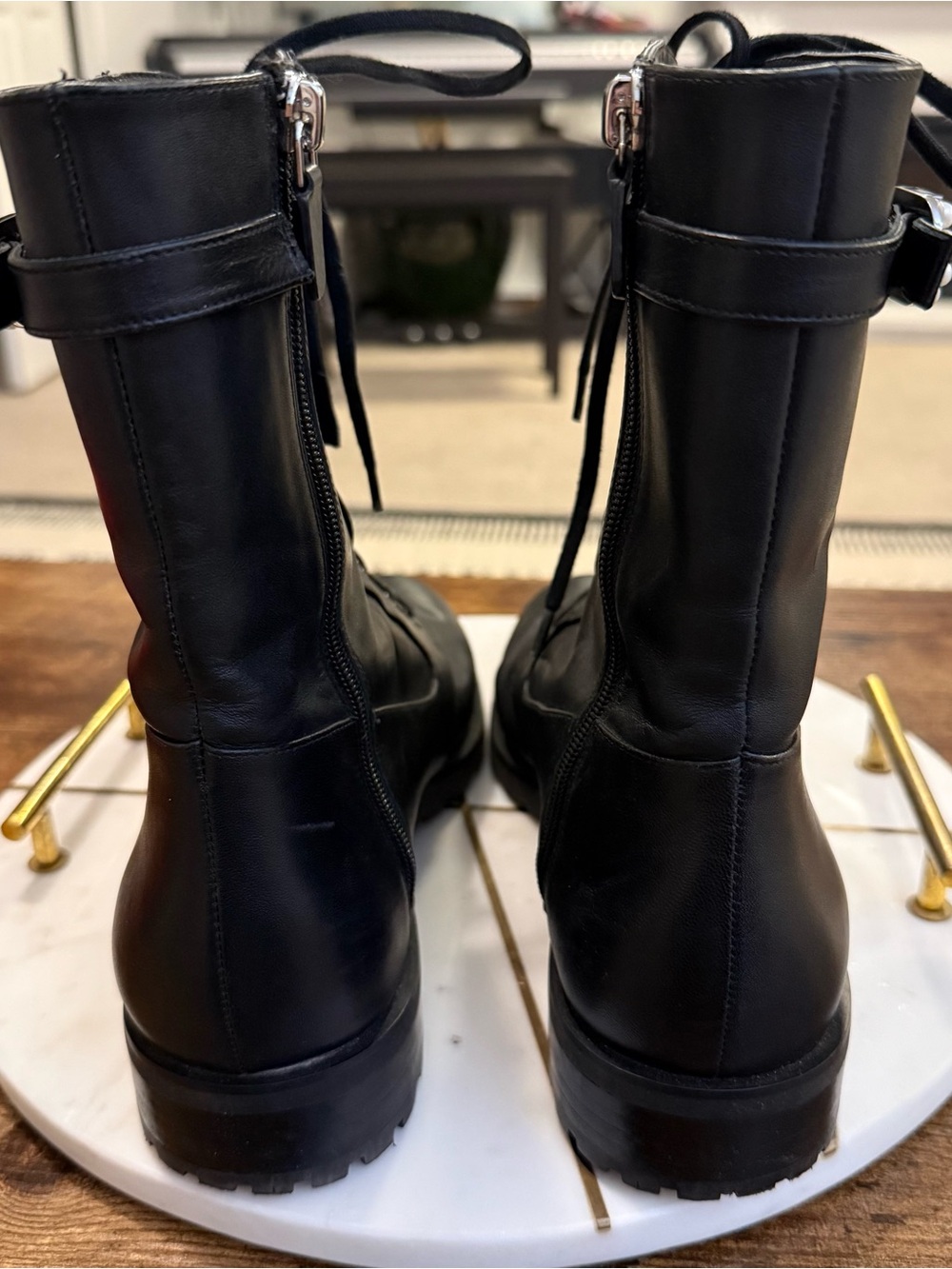 Stuart Weitzman Black Leather Lace-Up Combat Boots with Buckle - Picture 7 of 11